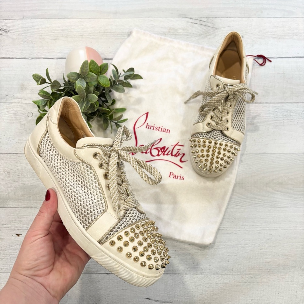 Christian Louboutin AC Vieira Spikes Flat Latte Light Gold Sneaker 38